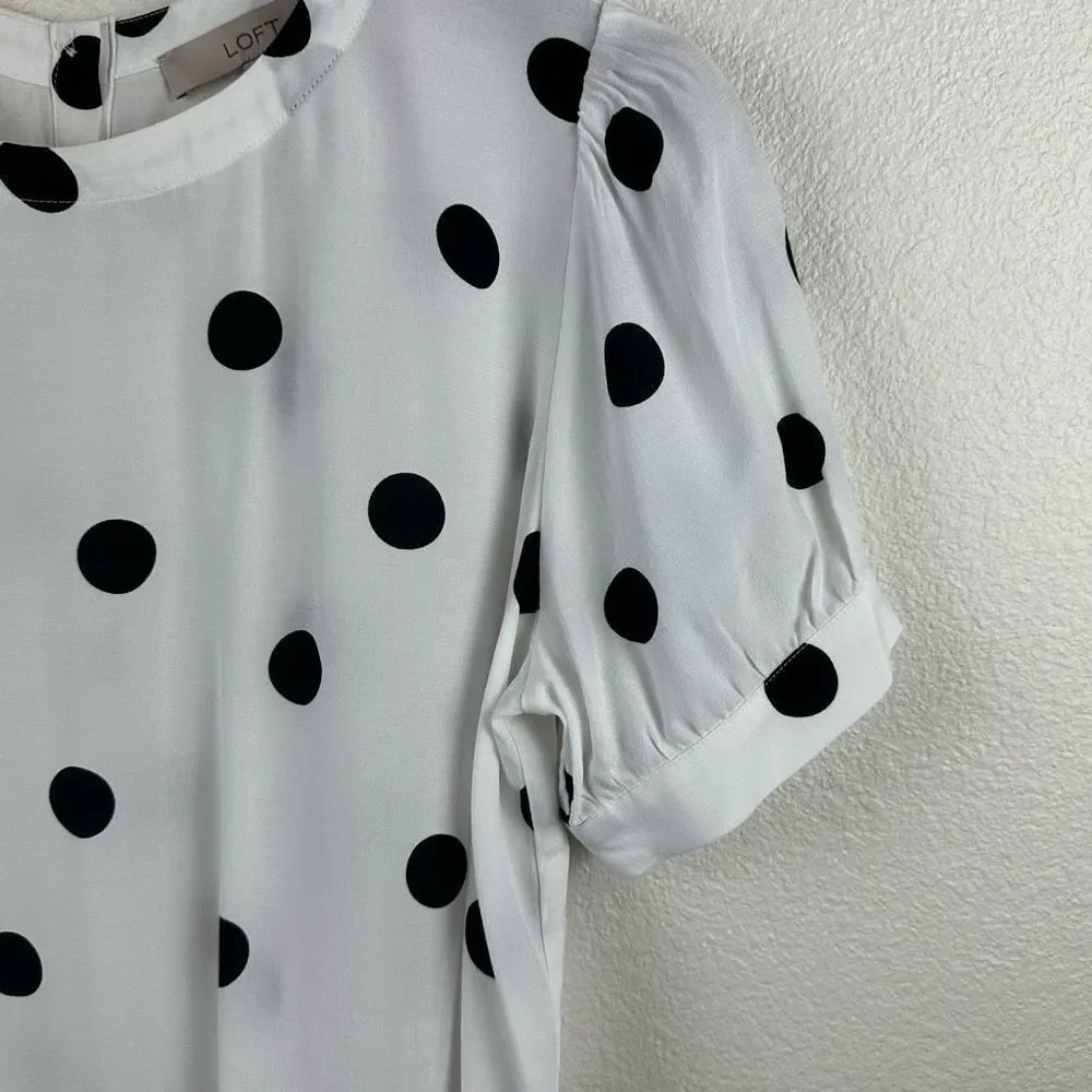 Loft Women's Size M Button Back Semi‎ Sheer Polka Dot Blouse Black White